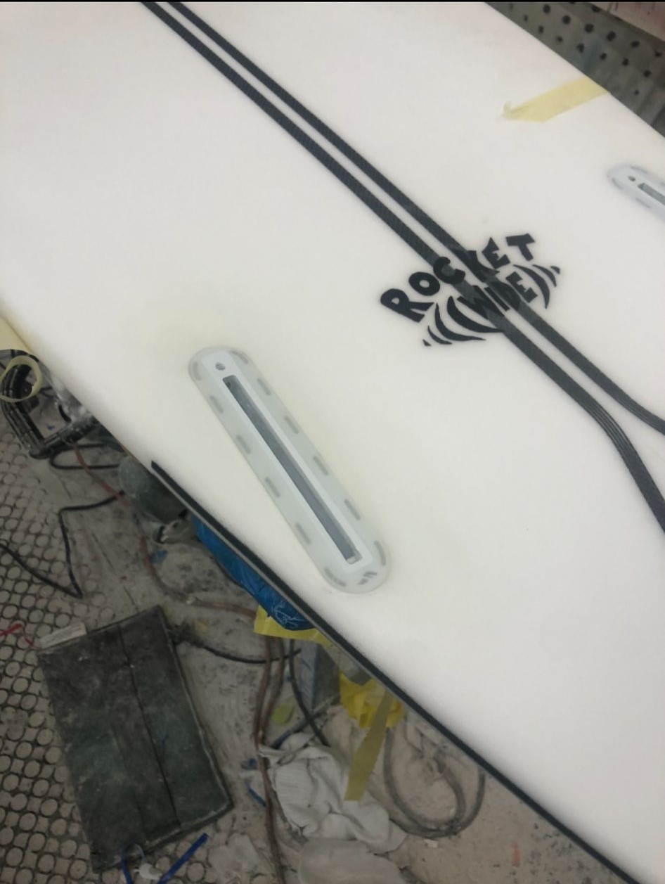 Completed repair for the outer fin box for a Futures thruster set at Melbourne Surfboard Repairs.